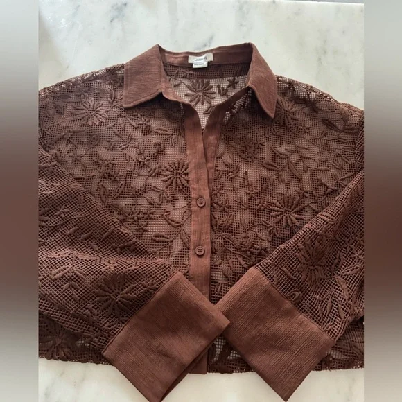 Jason Wu-NWT Brown Lace Long-sleeve Cropped Button down Shirt - Picture 3 of 6